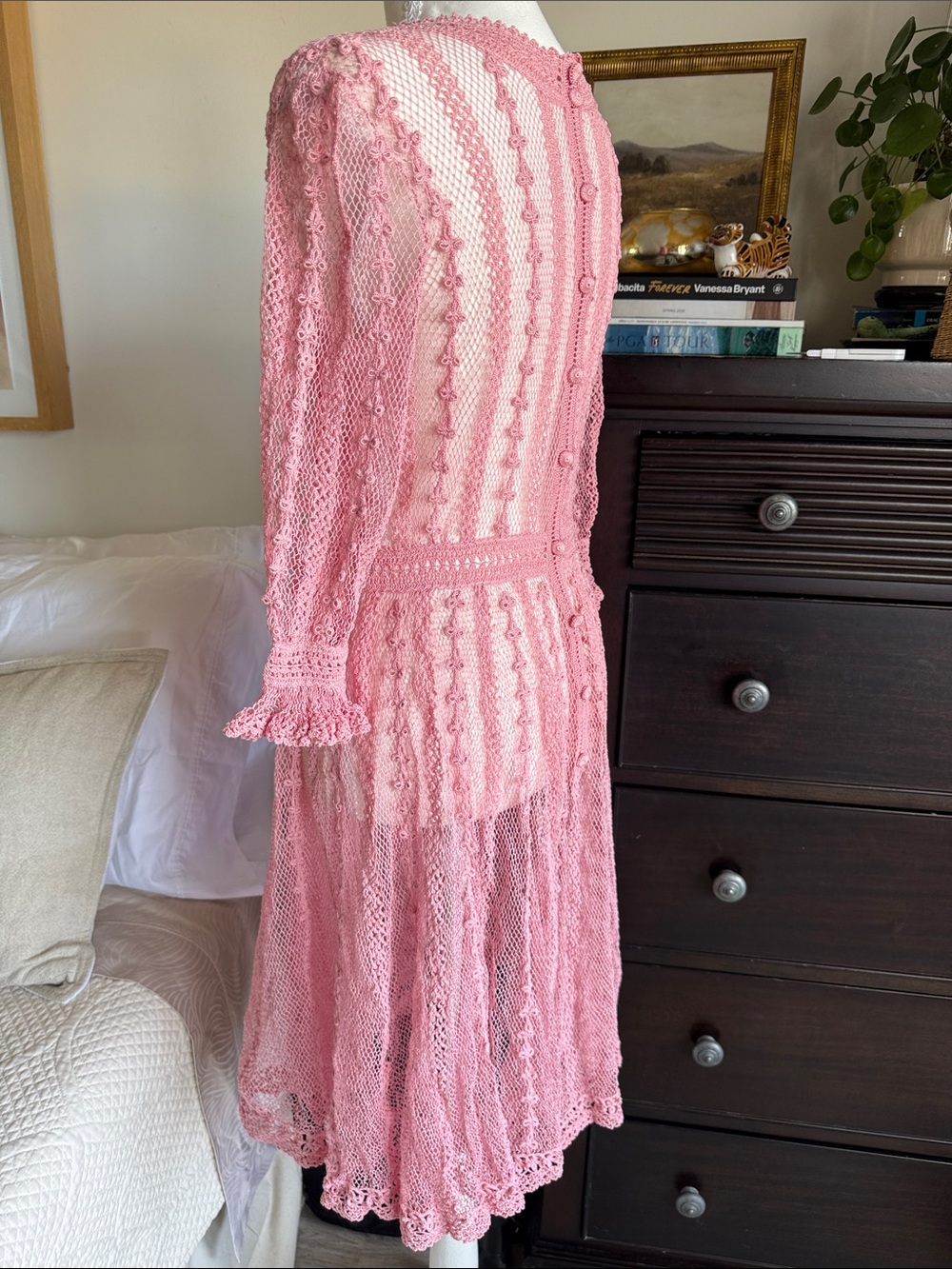 Blush Pink Crochet Vintage Midi Dress - Women's Lace Knit Dress - Picture 10 of 17